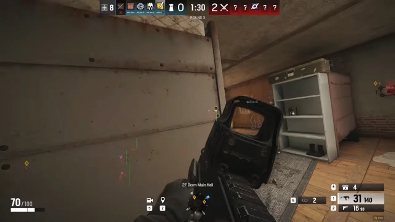 Rainbow Six Siege ESP showing player outlines in dorm hallway on PC
