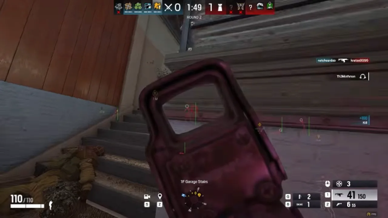 Rainbow Six Siege ESP on garage stairs with distance markers on PC