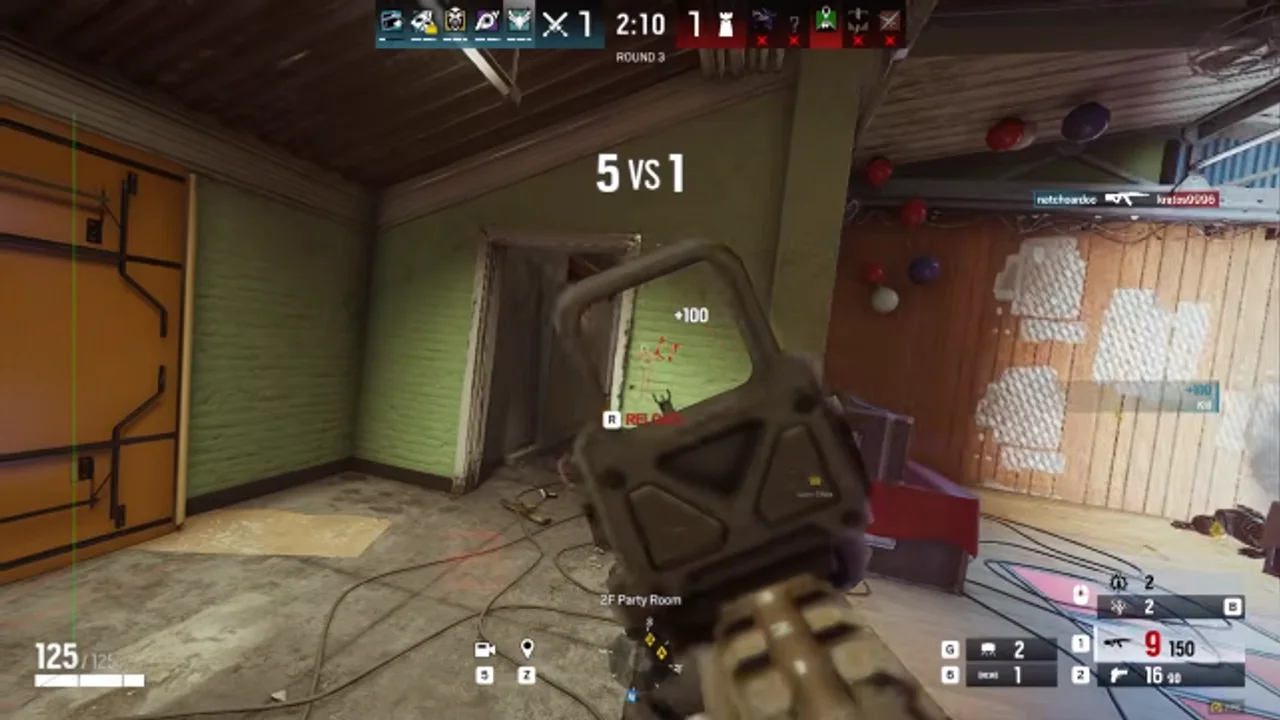 Rainbow Six Siege aimbot interface showing target lock in party room on PC